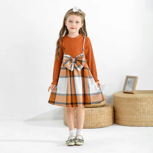 Vista 5 de Ropa para niña pequeña, vestido de otoño e invierno, vestido de franela a cuadros, vestido de fiesta con lazo para niñas con diadema