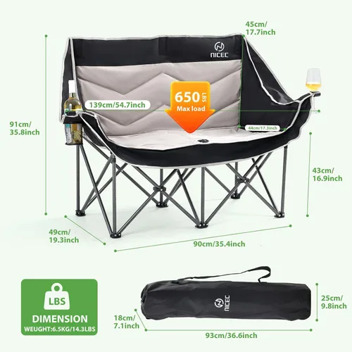 Vista 3 de Nice C Silla de camping biplaza, silla de campamento doble, sofá de campamento al aire libre, banco plegable de gran tamaño, silla plegable
