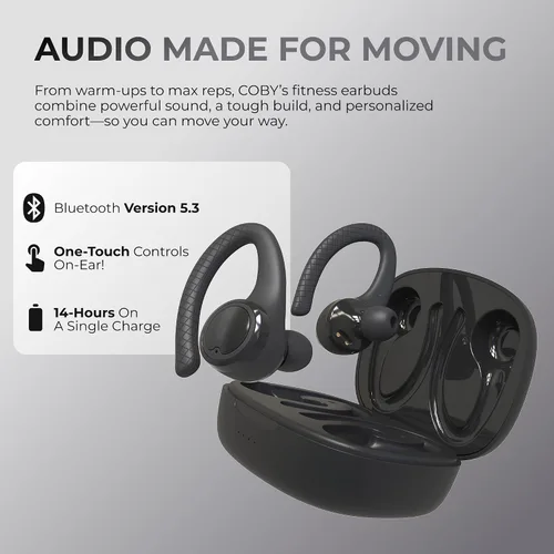 Vista 5 de Coby Auriculares Bluetooth inalámbricos con puntas intercambiables con puntas de ganchos intercambiables, gel de oreja de varios tamaños, resistente