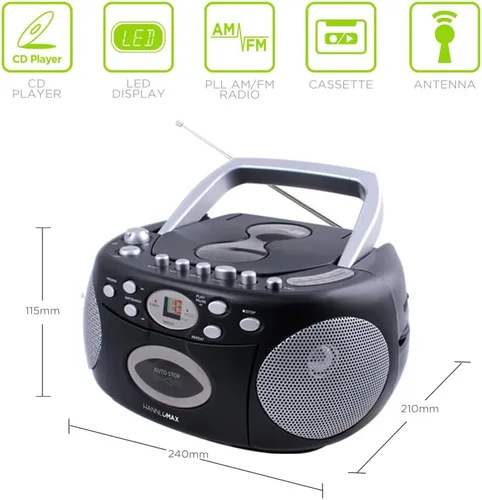 Vista 3 de HANNLOMAX HX-323CD Reproductor de CD portátil, radio AM/FM, grabadora de cassette, grabaciones de CD o radio, conector para auriculares, fuente
