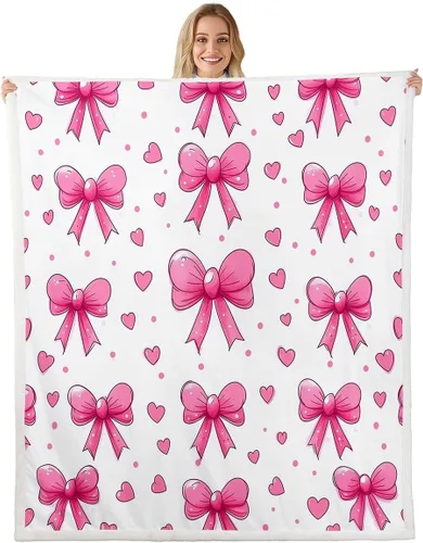 Vista 22 de Manta de franela de forro polar con lazos rosados femeninos de 40 x 50 pulgadas, manta mullida de corazones para el día de San Valentín para sofá