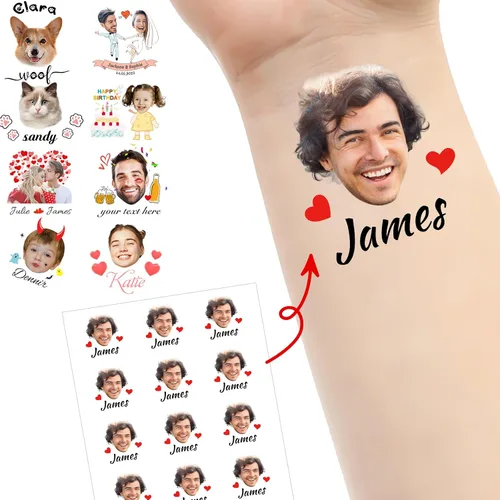 Vista 13 de Tatuajes personalizados temporales personalizados temporales con nombre, logotipo, foto facial para adultos, boda, cumpleaños, San Valentín
