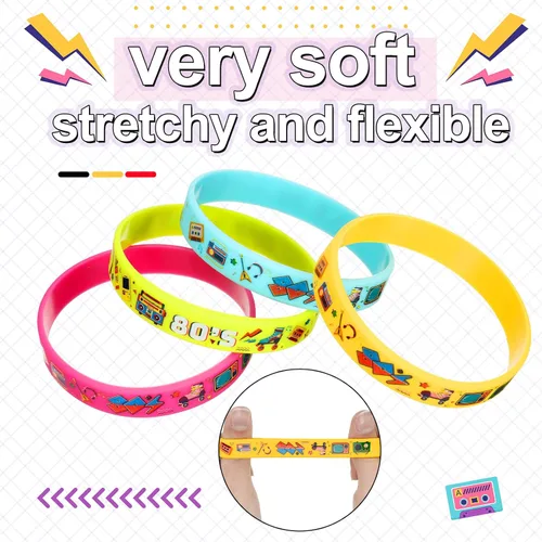 Vista 3 de Leitee 48 pulseras de silicona temáticas de los años 80 para mujeres y hombres, pulseras de goma retro de los años 80 para mujeres y hombres