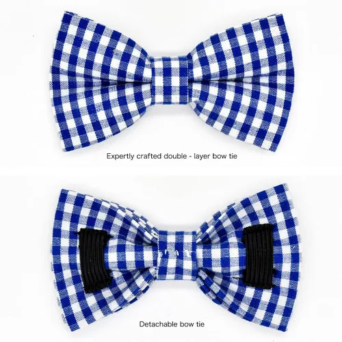 Vista 7 de Collar de Gato Azul con Diseño de Búfalo a Cuadros, Conjunto de Lazo para Boda/Cumpleaños, Collar Separable para Gatito