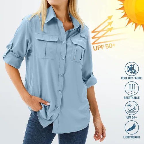 Vista 6 de Camisas de protección solar de manga larga UPF 50 para mujer, safari, pesca, senderismo