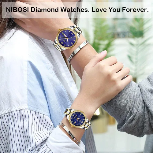 Vista 2 de NIBOSI Relojes para parejas diamantes de lujo para hombres y mujeres para él y para ella juego de relojes para marido esposa San Valentín reloj