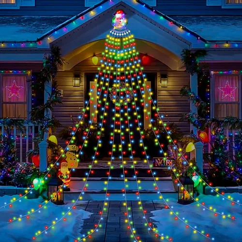 Vista 8 de Guirnalda de luces de cascada de Navidad para exteriores, luces de árbol de Navidad con 335 luces LED de 11.48 pies, 9 hebras, 8 modos