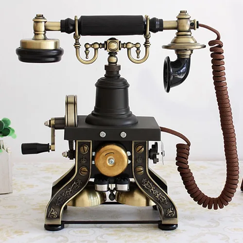 Vista 2 de Teléfono fijo retro vintage, estilo europeo antiguo antiguo con cable giratorio con cable, teléfono fijo de metal con timbre mecánico para oficina
