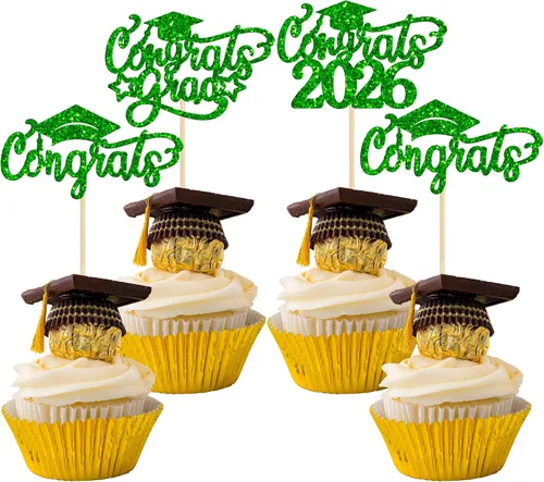 Vista 36 de Gyufise 24 piezas de decoración para cupcakes con purpurina para graduación 2026, decoración de pasteles para graduación 2026, decoración de Negro