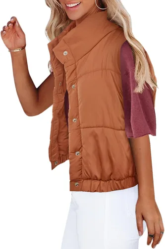Vista 4 de Ybenlow Chaleco acolchado recortado para mujer, cuello alto, con botones, ligero, acolchado, sin mangas, chaqueta de invierno