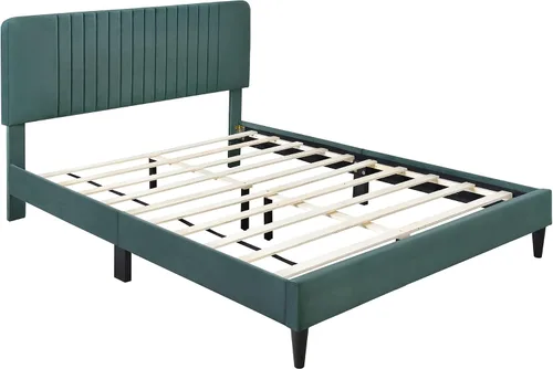 Vista 4 de SOFTSEA Marco de cama Queen con cabecero y patas, plataforma de terciopelo tamaño Queen, marco de cama, muebles de dormitorio