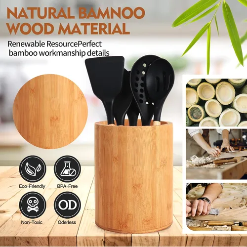 Vista 11 de Soporte de bambú para utensilios de cocina, soporte grande para encimera de cocina, cuchara de bambú y soporte para palillos para decoración