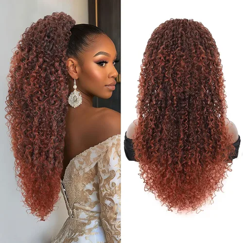 Vista 14 de Youthfee Cola de caballo con cordón para mujer, cola de caballo rizada profunda, sintética mezclada con cabello humano, negro natural, afro, rizado