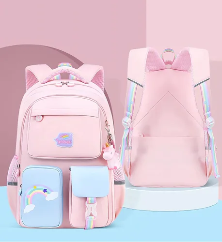 Vista 2 de Juego de mochila de unicornio para niña, mochila escolar para niños, bonita mochila escolar para niña, con lonchera y estuche para lápices, rosa