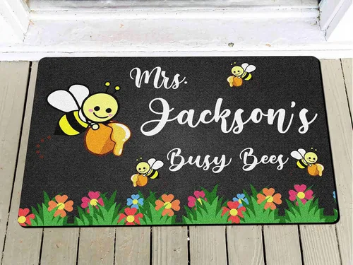Vista 4 de VOTANTA Felpudo de abejas de bienvenida al aula, tapete personalizado con nombre para el profesor, para el regreso a la escuela, tapete decorativo