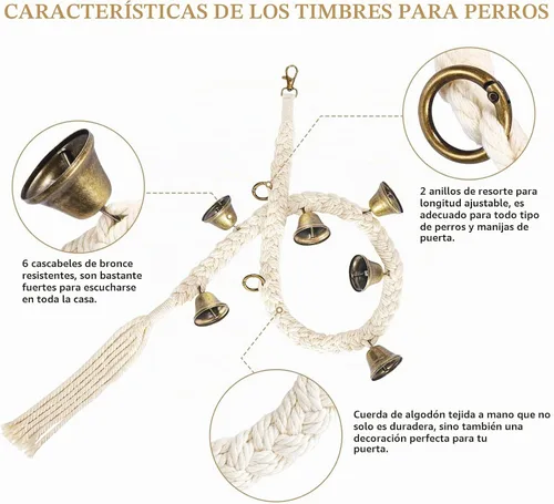 Vista 2 de Timbre de perro para entrenamiento de orinal en la puerta, de algodón tejido a mano con 6 campanas extra fuertes para entrenamiento de perros