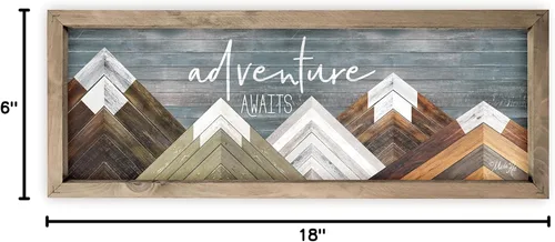 Vista 6 de Letrero enmarcado de aventura espera, decoración de pared de estilo rústico, 6 x 18 pulgadas wood-frame canvas, 1.25in thick, indoor, entryway