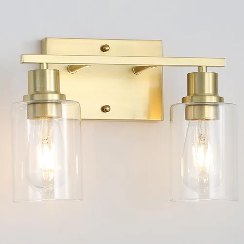 Vista 8 de Paquete de 2 lámparas de pared para sala de estar, luces de tocador de oro cepillado con pantalla de cristal, apliques de pared modernos de granja