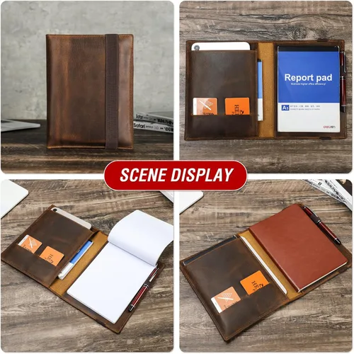 Vista 2 de Top Grain Leather - Padfolio de 8.3 pulgadas para hombres y mujeres, diseño vintage hecho a mano, organizador multifuncional de cartera de negocios