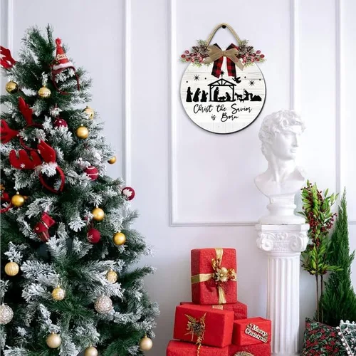 Vista 2 de Adorno de Navidad para colgar en la puerta, adornos de pesebre, Jesucristo el Salvador ha nacido, letrero de puerta delantera, decoración
