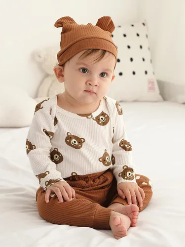 Vista 3 de Conjunto de 3 piezas de ropa de bebé recién nacido con estampado de manga larga + pantalones + sombrero