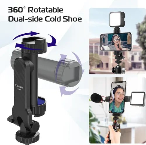 Vista 3 de Kaitezenz Soporte de trípode para teléfono celular, soporte universal para teléfono con 2 zapatos fríos, gira 360° inclina 180° para cámara, zapata