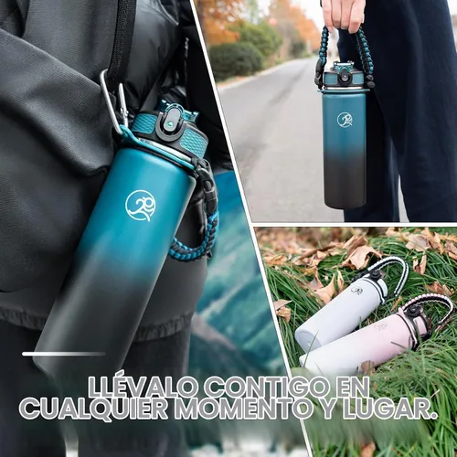 Vista 6 de GOSWAG - Botella de agua de viaje de acero inoxidable aislada de 24 onzas, 2 tapas with straw and no straw, Paracord handle, Double-wall vacuum