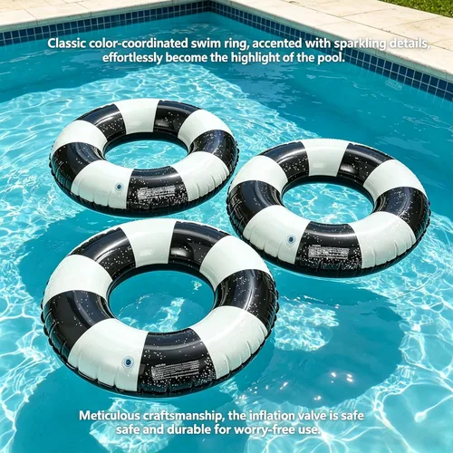 Vista 6 de Flotadores de piscina a rayas de 32 pulgadas para adultos, paquete de 3 flotadores inflables de piscina - Flotador de piscina de verano para adultos