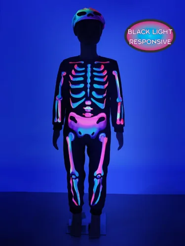 Vista 2 de Disfraz de esqueleto arcoíris para niños pequeños, reactivo a la luz negra