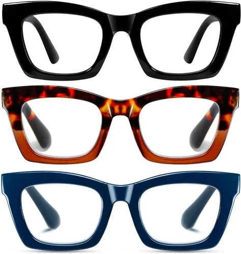 Vista 16 de Paquete de 3 anteojos de lectura con bloqueo de luz azul, marco grueso para Negro+negro rosa+rosa leopardo