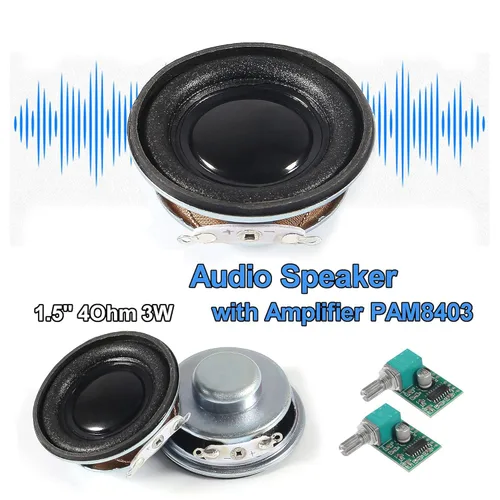 Vista 2 de 2 altavoces estéreo de audio de 1.5 pulgadas, 4 ohmios, 3 W, 2 altavoces redondos + 2 amplificador digital de 3 x 2 CC 5 V PAM8403 módulo