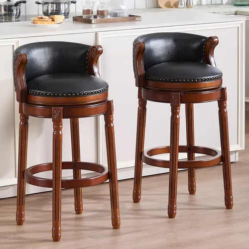 Vista 12 de RAINMOOD Taburete de bar, taburetes de bar giratorios de estilo moderno de mediados de siglo con asiento de cuero y patas de madera, silla