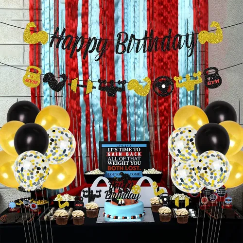 Vista 5 de Decoraciones de fiesta de cumpleaños para gimnasio, decoraciones de fiesta temática de fitness negro y dorado para hombres, suministros de fiesta