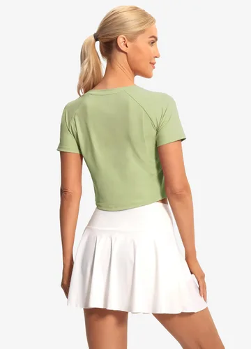 Vista 3 de Hiverlay Camiseta corta de entrenamiento de manga corta para mujer, camiseta básica atlética recortada, para yoga, gimnasio, casual, para correr