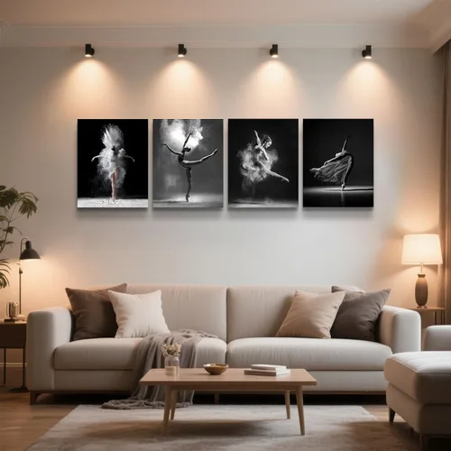 Vista 3 de NCYEL 4 piezas de arte de pared de ballet en blanco y negro, lienzos de chica bailando, elegante decoración de pared de danza, póster moderno