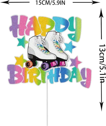 Vista 2 de Patín de ruedas Happy Birthday Cake Topper para niñas, retro, colorido, hip hop, tema, fiesta, decoración de tartas, suministros para rodar