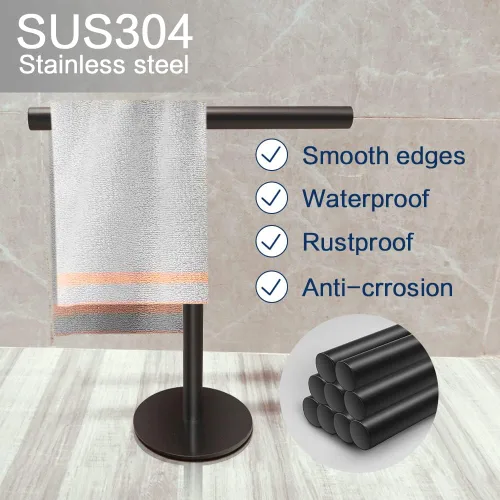 Vista 3 de Soporte para toallas de mano para baño, tocador, encimera, color negro mate, en forma de T, toallero, toallero, barra de toalla para baño, cocina