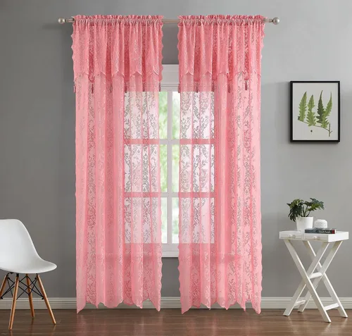 Vista 10 de LinenZone Cenefa de encaje transparente con 6 borlas y parte inferior festoneada para cocina, baño, comedor, sala de estar, dormitorio o sótano.