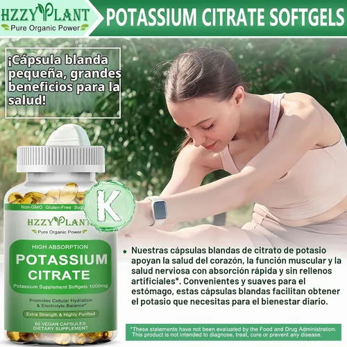 Vista 2 de Cápsulas blandas de suplemento de potasio, citrato de potasio de alta absorción, 1000 mg para equilibrio electrolítico muscular, corazón y soporte