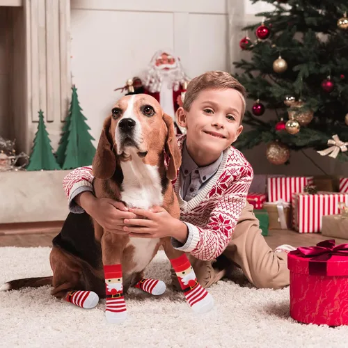 Vista 6 de Rypet 2 pares de calcetines de Navidad para perro, antideslizantes, con correas ajustables, control de tracción para interiores y suelos de madera