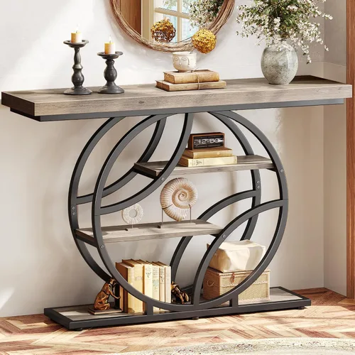 Vista 13 de Huuger Mesa de entrada de 41.3 pulgadas, mesa de sofá industrial con consola y almacenamiento, mesa de acento con estantes, para entrada, pasillo