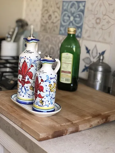 Vista 2 de CERAMICHE D'ARTE PARRINI - Vinagre de vinagre de aceite de cerámica italiana decorado lirio rojo pintado a mano hecho en ITALIA Toscana