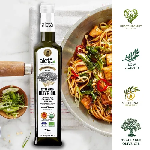 Vista 4 de Aleta Farms, Aceite de oliva virgen extra orgánico, DOP griego de una sola finca, primera prensa en frío, premio de oro 2025, botella de vidrio