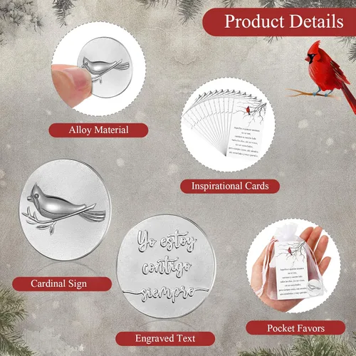Vista 3 de El juego de 150 monedas de signo de ángel conmemorativo cardenal incluye ficha de bolsillo funeraria cardenal, tarjetas de poema y bolsas de organza
