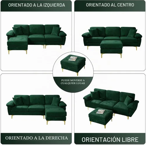 Vista 6 de OUYESSIR Sofá modular en forma de L, sofá de terciopelo de 3 plazas con otomana y almohadas, cómodo sofá cama tapizado para sala de estar Verde