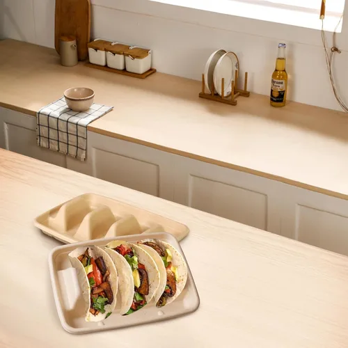 Vista 4 de 50 soportes desechables para tacos para fiestas, 3 compartimentos, soporte de bandeja de tacos de papel, platos desechables para tacos