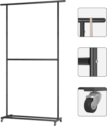 Vista 5 de Sywhitta Perchero de Ropa de Doble Barra Rodante, Organizador de Ropa con Ruedas para Colgar Ropa, Fácil de Ensamblar, Ajustable, Negro