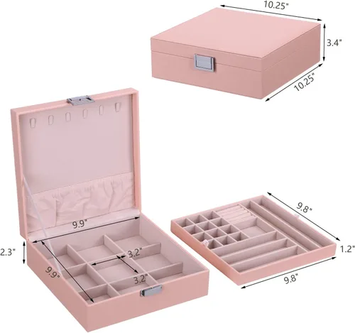 Vista 5 de BEWISHOME Joyero para niñas, organizador de joyas de 35 compartimentos, 6 ganchos para collares, 2 capas, cajas de joyería, estuche
