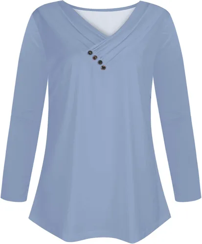Vista 4 de Oggfader Blusas de manga larga para mujer, con cuello en V, ajuste holgado, con botones, color liso, casual, para otoño 2023