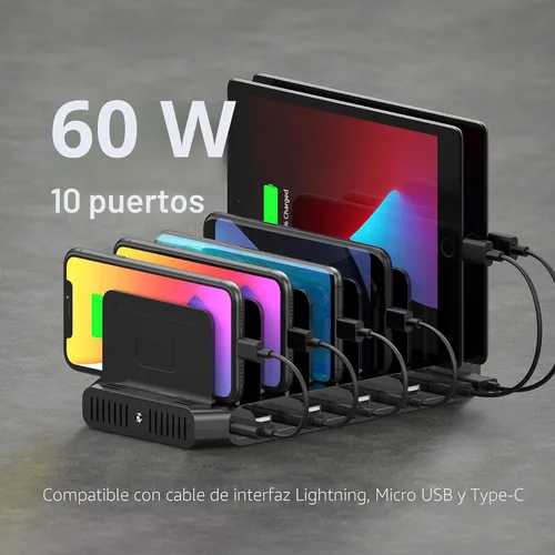Vista 2 de Unitek - Estación de carga USB, estación de acoplamiento de carga rápida de 10 puertos USB y divisores ajustables, organizador de cargador